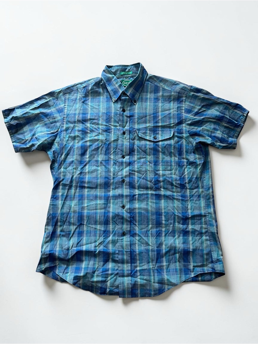 Blue Plaid IZOD 70’s  Preppy Short-Sleeve Button-Up Shirt - Men-L